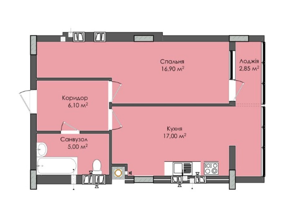 Планировка 1-комнатной квартиры в ЖК Комфорт Плюс 48.3 м², фото 205549 Планировка 1-комнатной квартиры в ЖК Комфорт Плюс 48.3 м², фото 205549