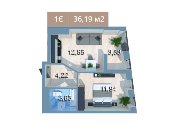 ЖК Вежа на Ломоносова: планировка 1-комнатной квартиры 37.16 м²