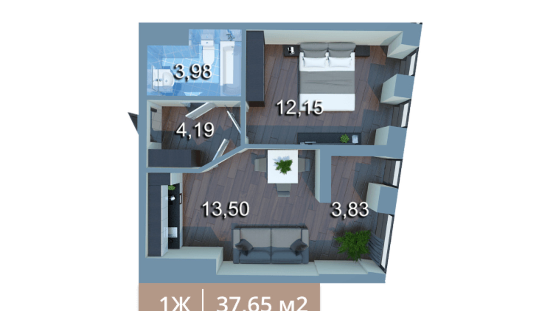 Планировка 1-комнатной квартиры в ЖК Вежа на Ломоносова 37.73 м², фото 205575