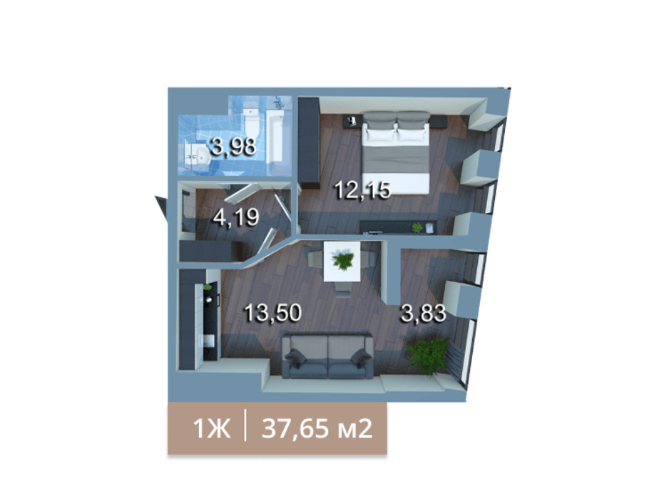 Планировка 1-комнатной квартиры в ЖК Вежа на Ломоносова 37.73 м², фото 205575 Планировка 1-комнатной квартиры в ЖК Вежа на Ломоносова 37.73 м², фото 205575