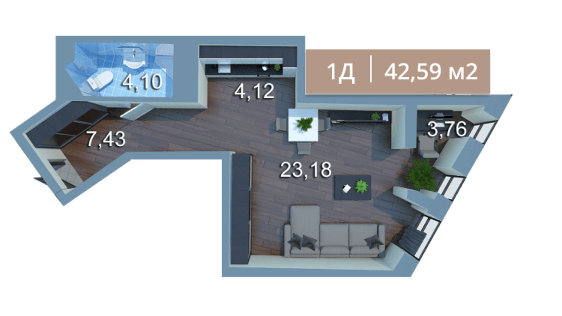 Планування 1-кімнатної квартири в ЖК Вежа на Ломоносова 42.34 м², фото 205577