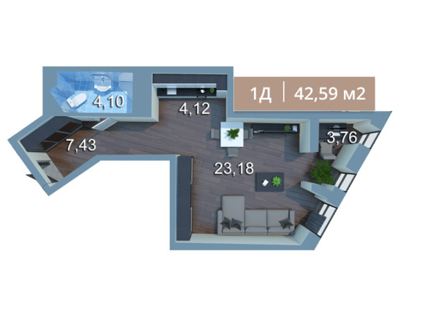 ЖК Вежа на Ломоносова: планировка 1-комнатной квартиры 42.34 м²