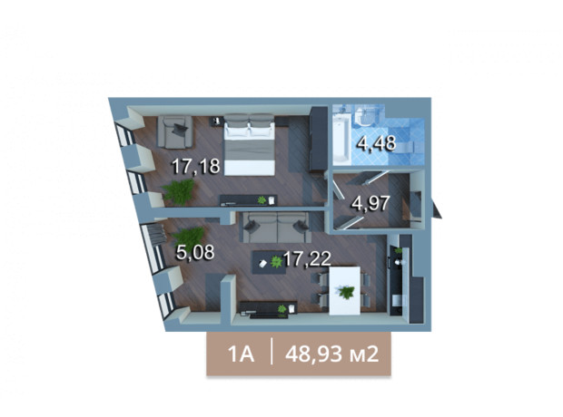 ЖК Вежа на Ломоносова: планування 1-кімнатної квартири 48.19 м²