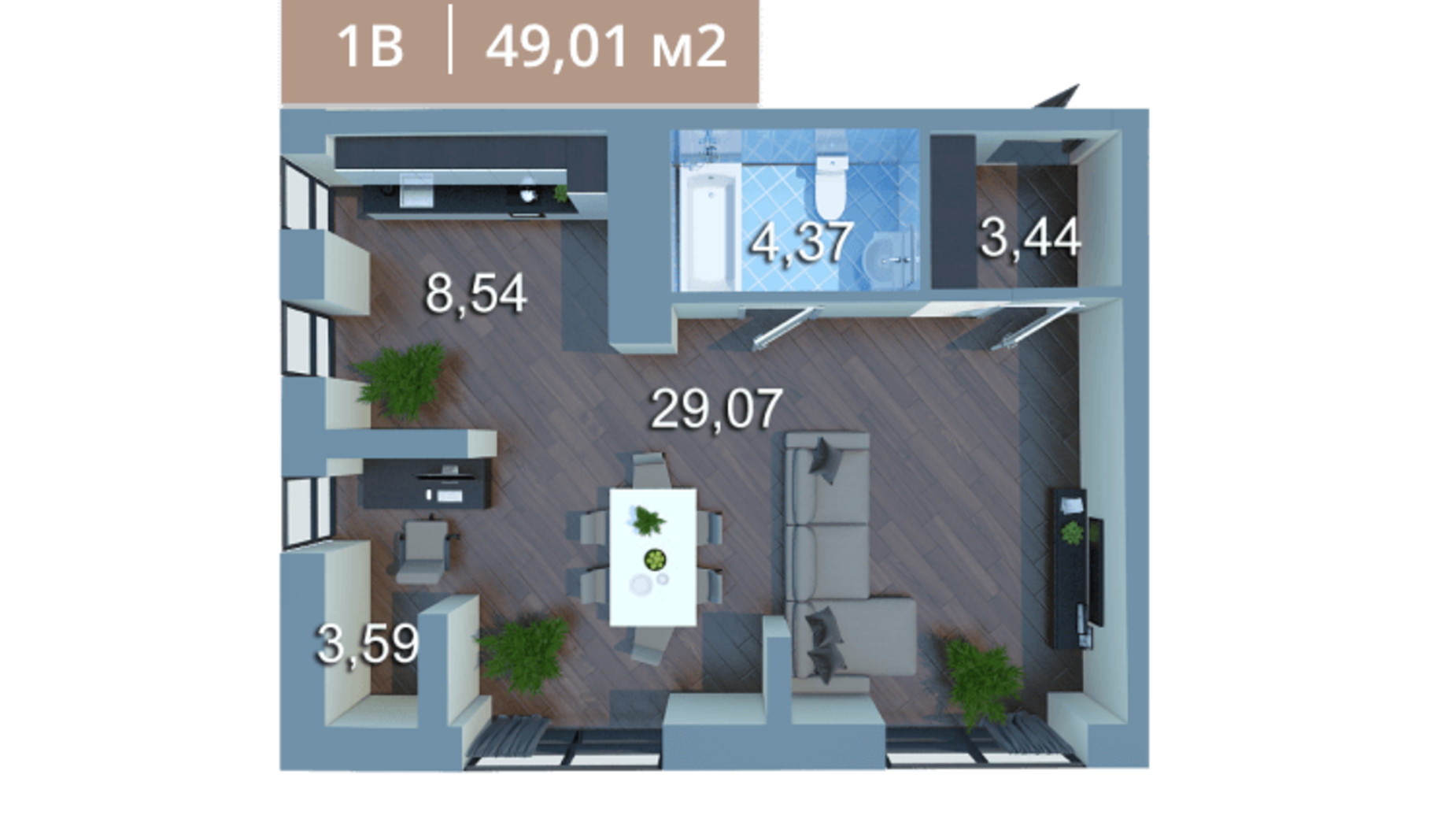 Планировка 1-комнатной квартиры в ЖК Вежа на Ломоносова 49.47 м², фото 205580