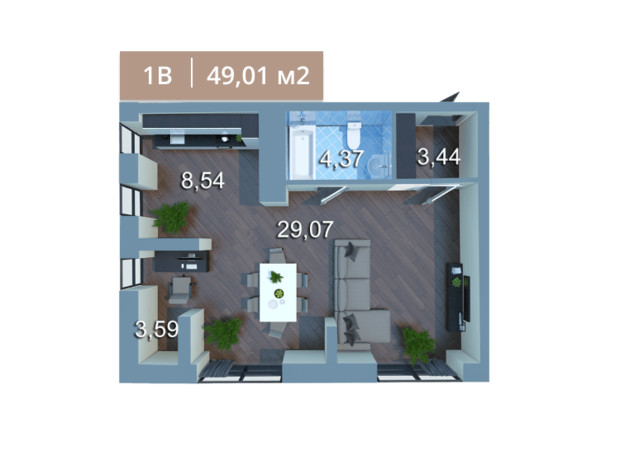 ЖК Вежа на Ломоносова: планировка 1-комнатной квартиры 49.47 м²