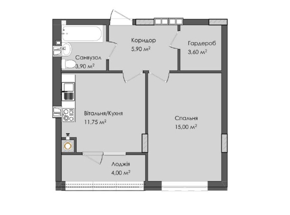 Планировка 1-комнатной квартиры в ЖК Комфорт Плюс 44.15 м², фото 205581 Планировка 1-комнатной квартиры в ЖК Комфорт Плюс 44.15 м², фото 205581