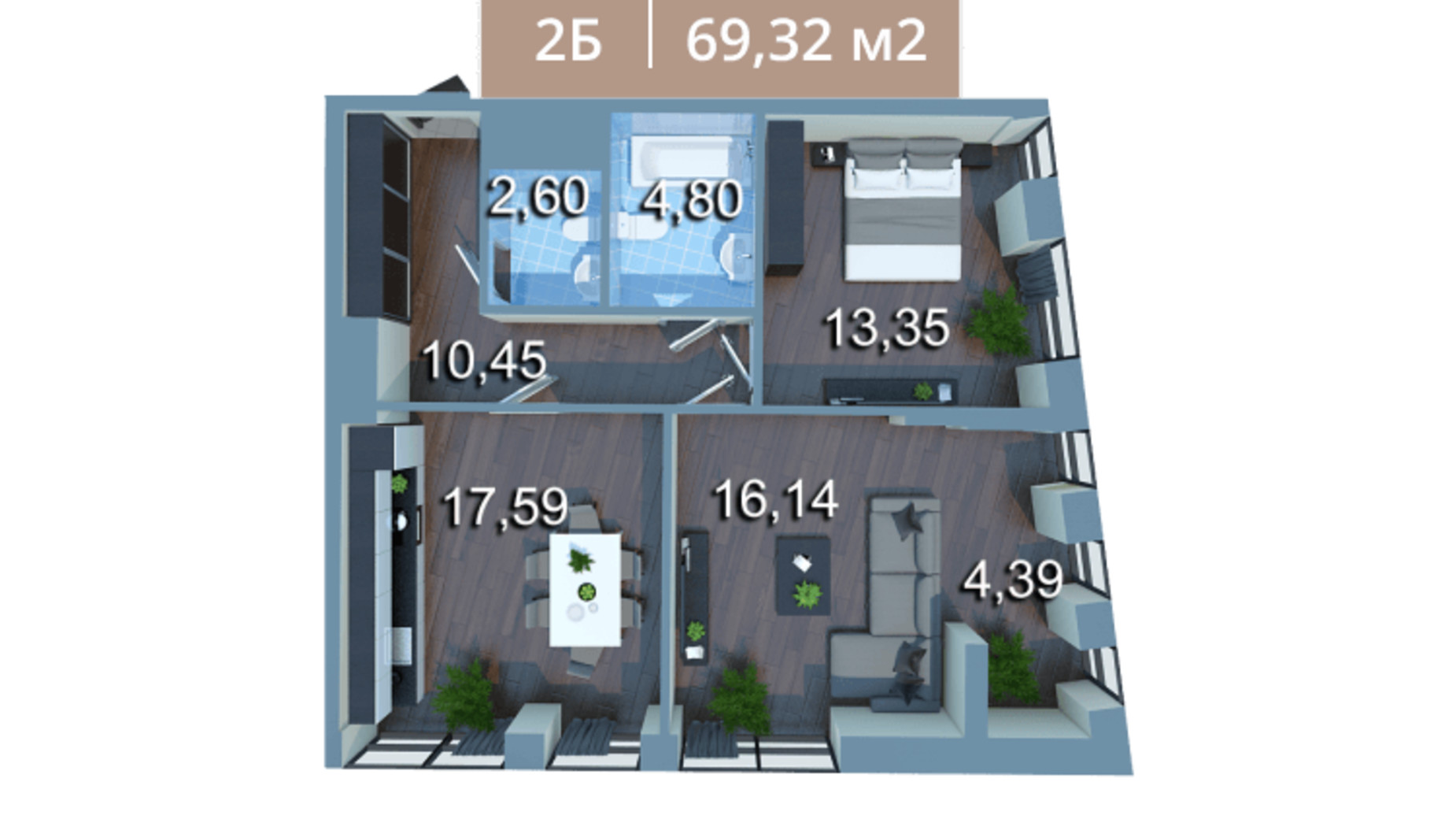 Планування 2-кімнатної квартири в ЖК Вежа на Ломоносова 70.01 м², фото 205582