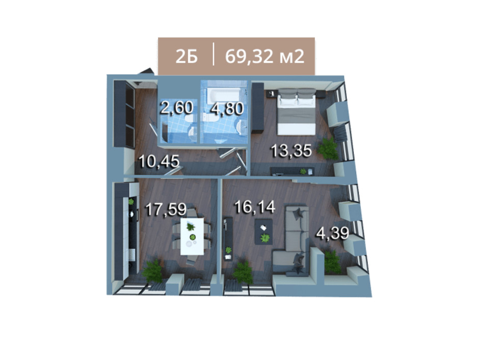 Планировка 2-комнатной квартиры в ЖК Вежа на Ломоносова 69.32 м², фото 205583 Планировка 2-комнатной квартиры в ЖК Вежа на Ломоносова 69.32 м², фото 205583