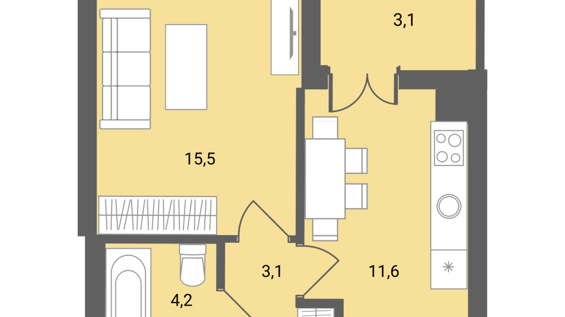 Планування 1-кімнатної квартири в ЖК Muller Haus 37.5 м², фото 205790