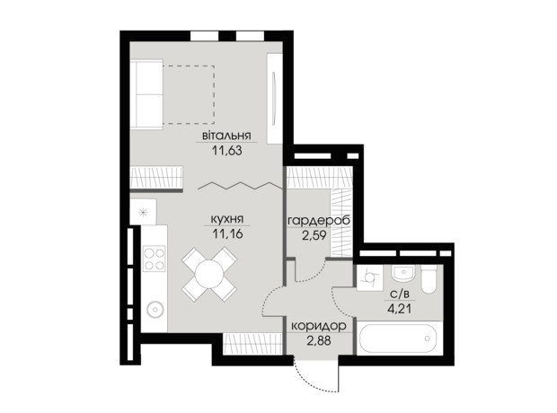 ЖК Echo Park 2: планування 1-кімнатної квартири 32.47 м²