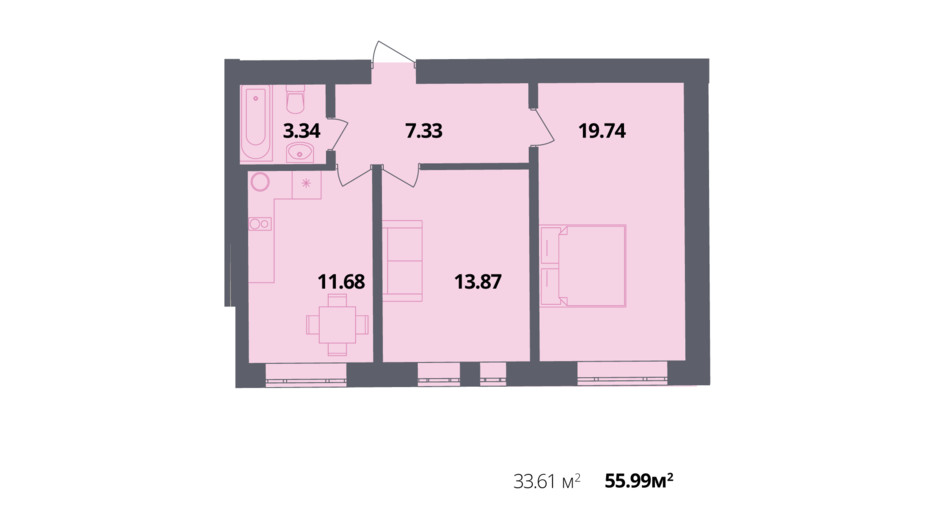 Планировка 2-комнатной квартиры в ЖК Европейка 55.99 м², фото 205833