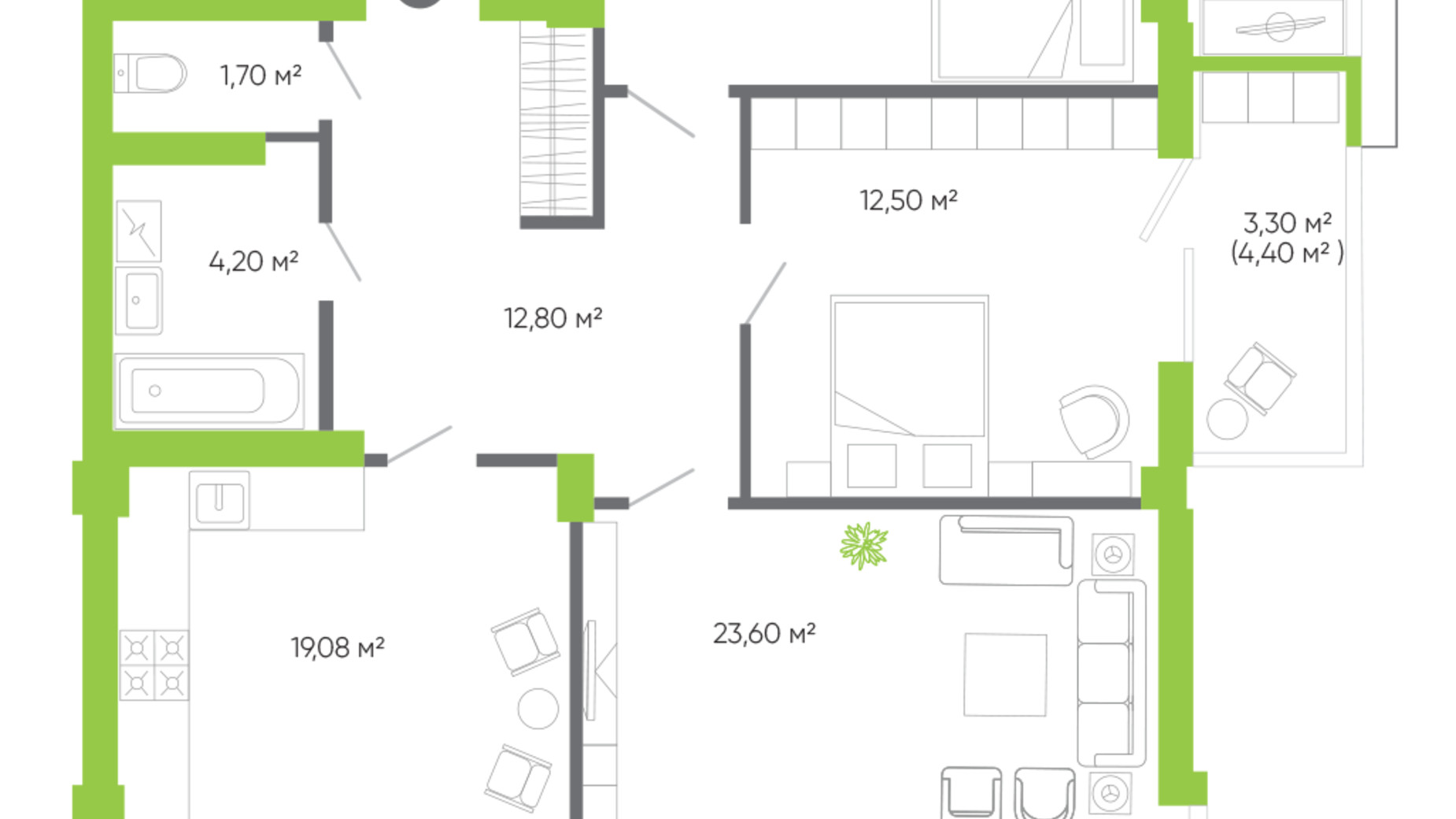 Планування 3-кімнатної квартири в ЖК Оселя парк 96.1 м², фото 205922