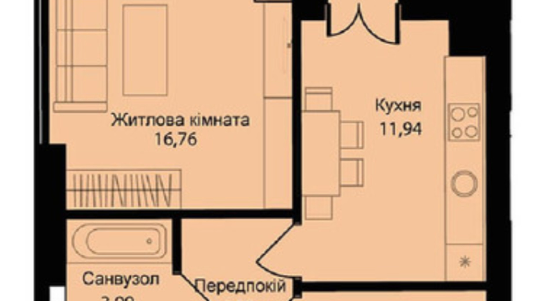 Планування 1-кімнатної квартири в ЖК Muller Haus 42.5 м², фото 206042