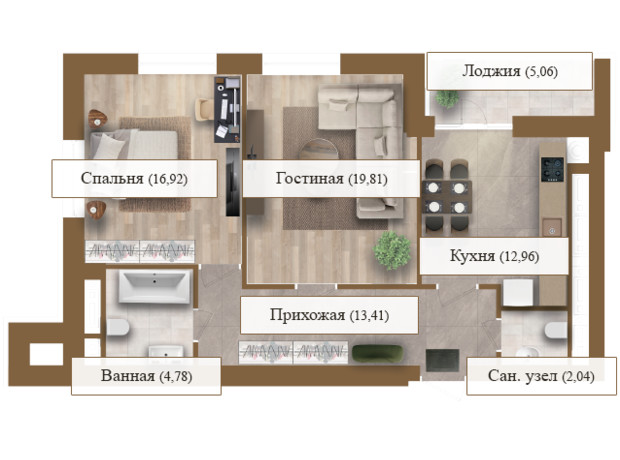 ЖК Grand deLuxe на Садовой: планировка 2-комнатной квартиры 74.98 м²