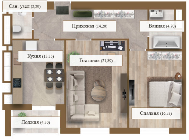 ЖК Grand deLuxe на Садовой: планировка 2-комнатной квартиры 77.26 м²