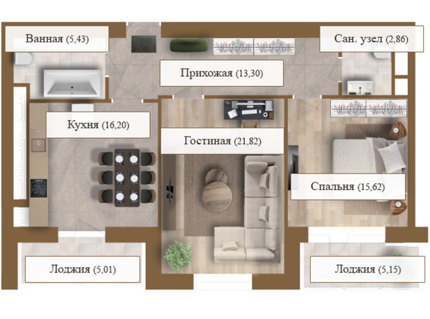 ЖК Grand deLuxe на Садовой: планировка 2-комнатной квартиры 85.39 м²