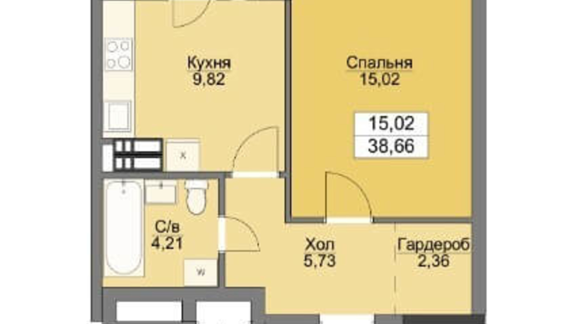 Планування 1-кімнатної квартири в ЖК Vyshgorod Plaza 39.25 м², фото 206318