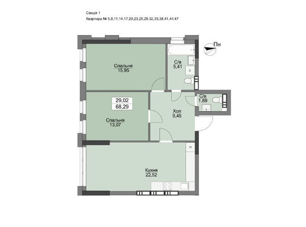 ЖК Vyshgorod Plaza: планировка 2-комнатной квартиры 68.29 м²