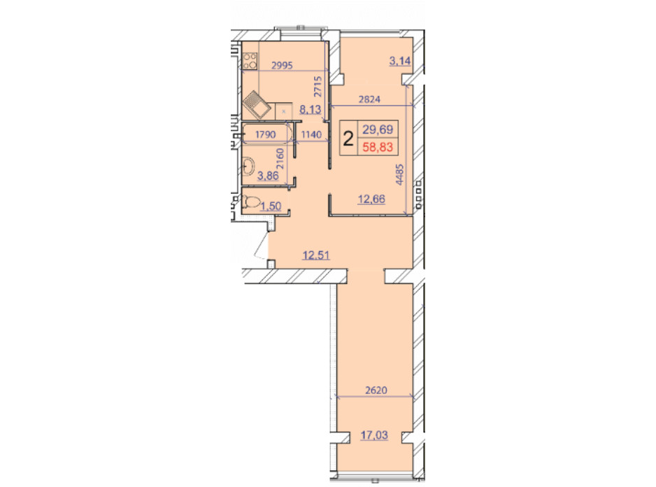 Планировка 2-комнатной квартиры в ЖК Grand Royal 58.83 м², фото 206823 Планировка 2-комнатной квартиры в ЖК Grand Royal 58.83 м², фото 206823