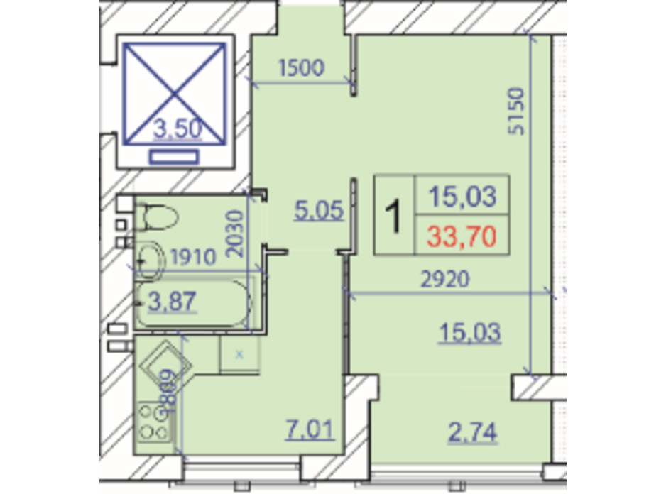 Планування 1-кімнатної квартири в ЖК Grand Royal 33.7 м², фото 206830 Планування 1-кімнатної квартири в ЖК Grand Royal 33.7 м², фото 206830