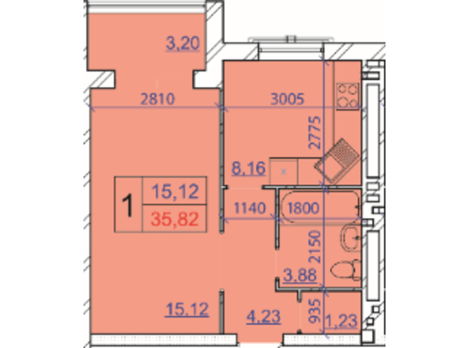 Планування 1-кімнатної квартири в ЖК Grand Royal 35.82 м², фото 206831 Планування 1-кімнатної квартири в ЖК Grand Royal 35.82 м², фото 206831
