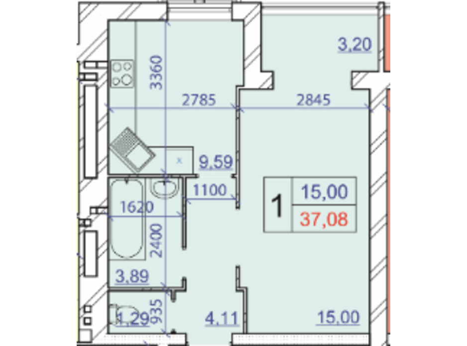 Планування 1-кімнатної квартири в ЖК Grand Royal 37.08 м², фото 206832 Планування 1-кімнатної квартири в ЖК Grand Royal 37.08 м², фото 206832