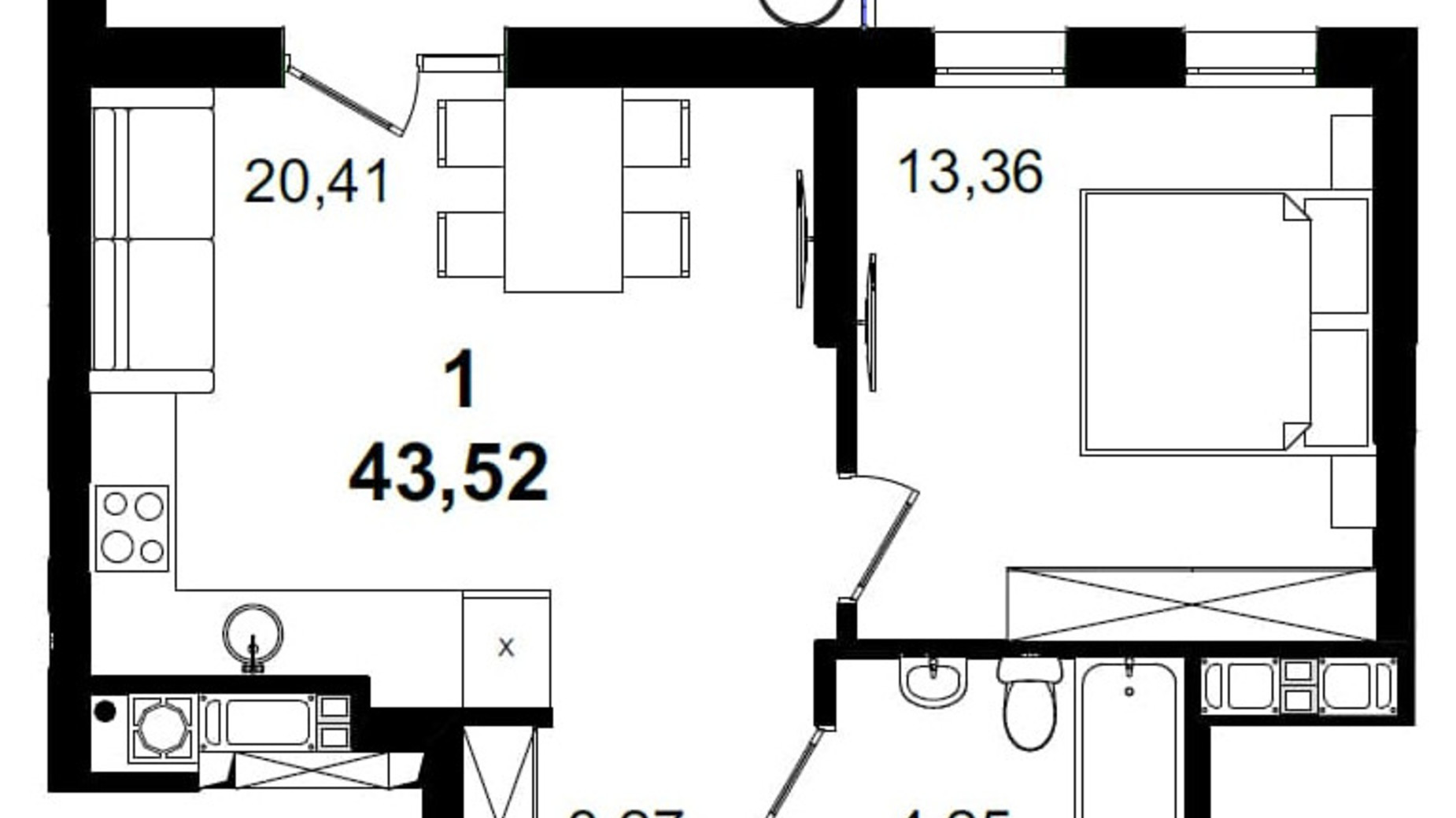 Планування 1-кімнатної квартири в ЖК Tiffany 43.52 м², фото 206928