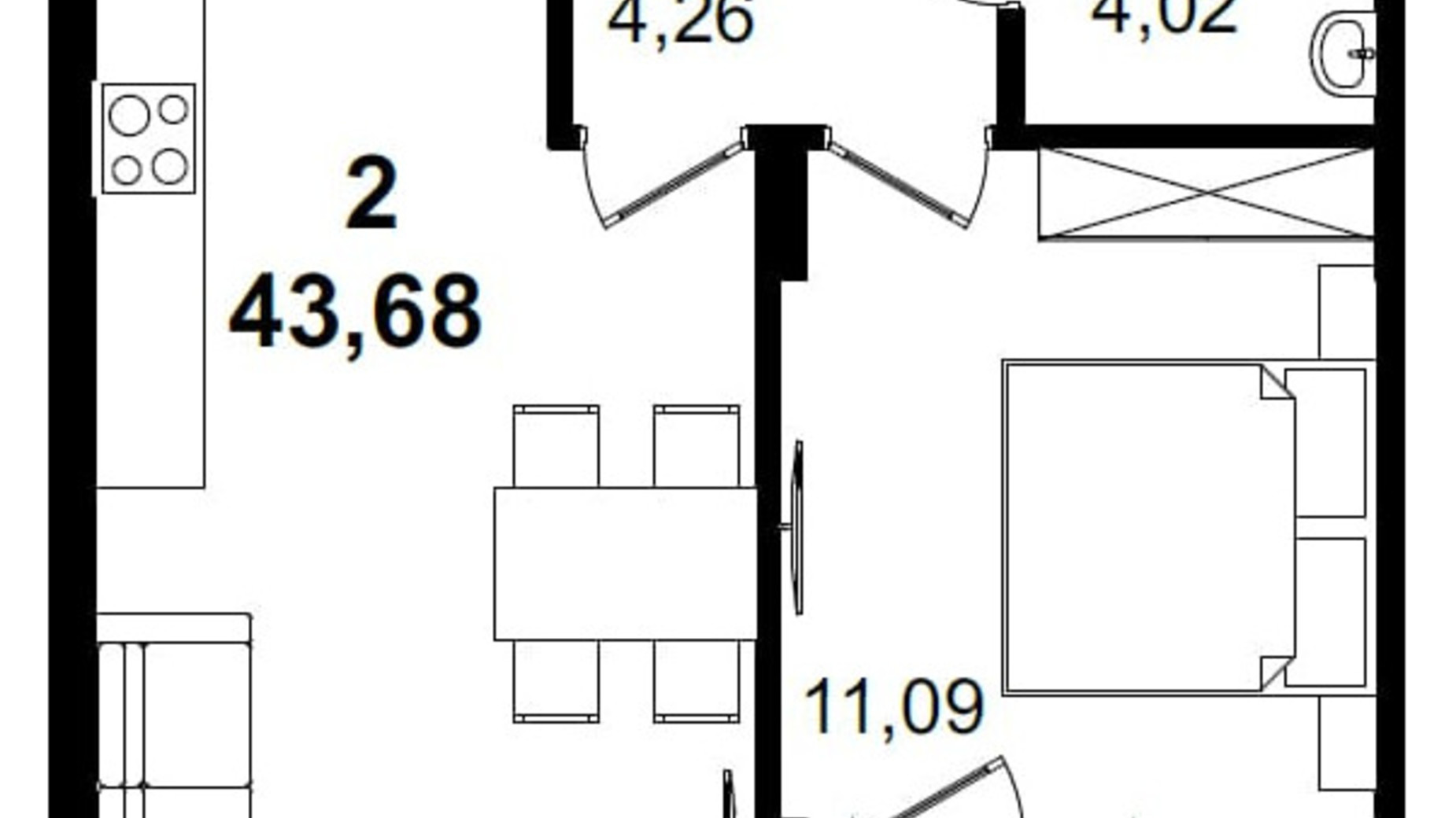 Планування 1-кімнатної квартири в ЖК Tiffany 45.43 м², фото 206932