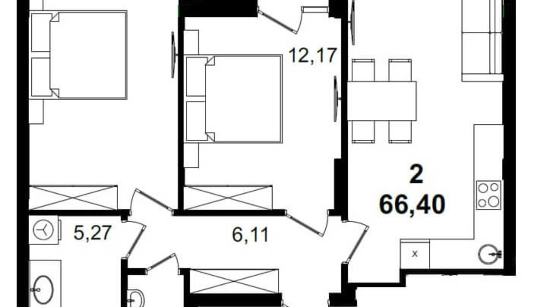 Планування 2-кімнатної квартири в ЖК Tiffany 66.4 м², фото 206940