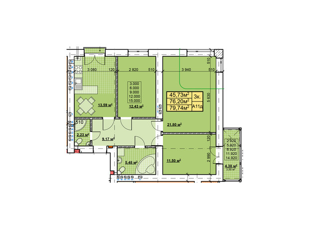 ЖК Паркове містечко: планировка 3-комнатной квартиры 79.74 м²