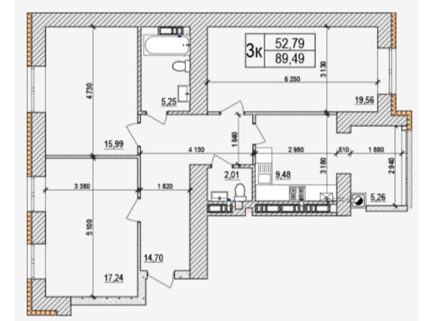 ЖК Agam: планировка 3-комнатной квартиры 89 м²