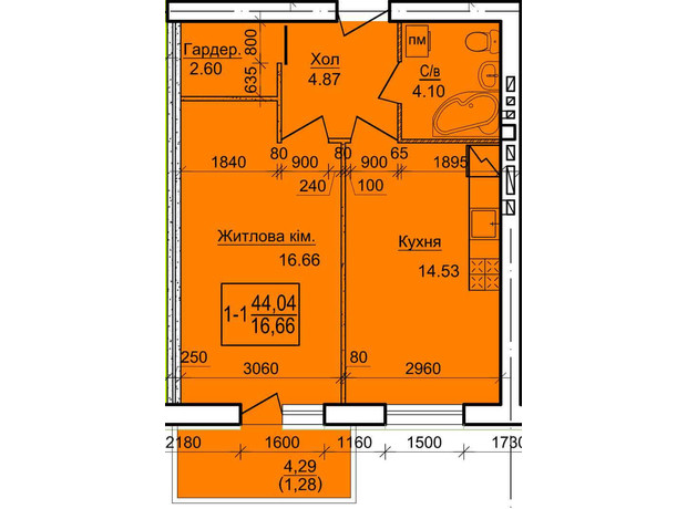 ЖК Будинок 20: планування 1-кімнатної квартири 44.04 м²
