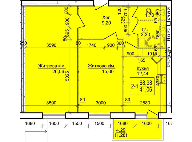 ЖК Будинок 20: планування 2-кімнатної квартири 68.08 м²
