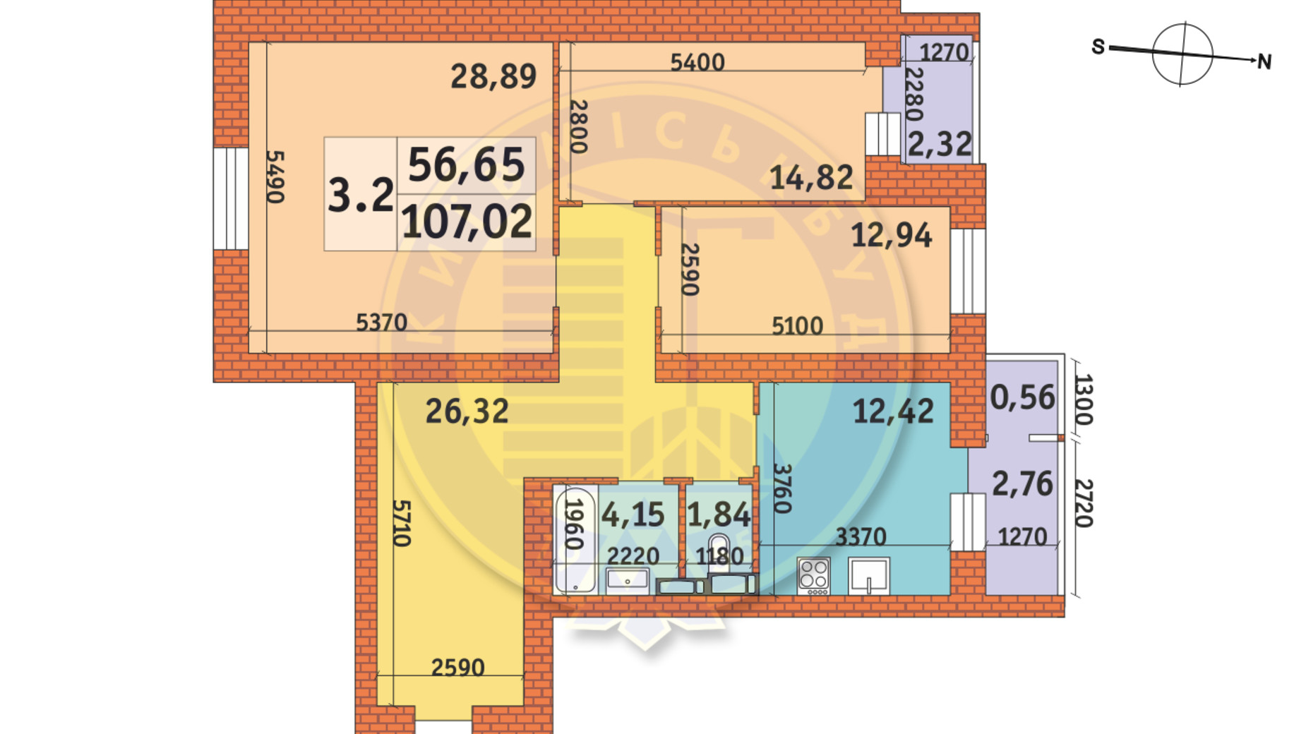 Планировка 3-комнатной квартиры в ЖК Новомостицкий 107.02 м², фото 208656