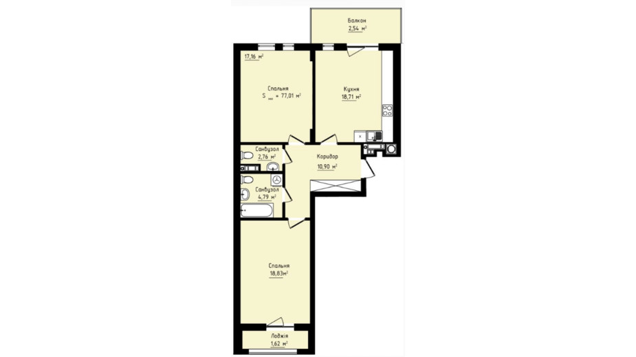 Планування 2-кімнатної квартири в ЖК Globus Premium 77.01 м², фото 209545