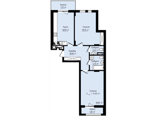ЖК Globus Premium: планування 2-кімнатної квартири 74.92 м²