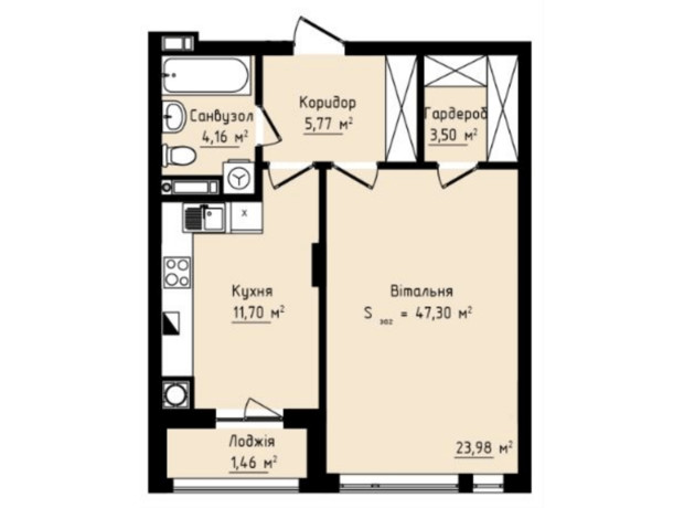 ЖК Globus Premium: планування 1-кімнатної квартири 47.3 м²