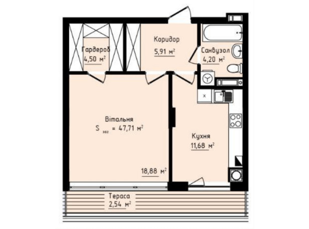ЖК Globus Premium: планування 1-кімнатної квартири 47.71 м²