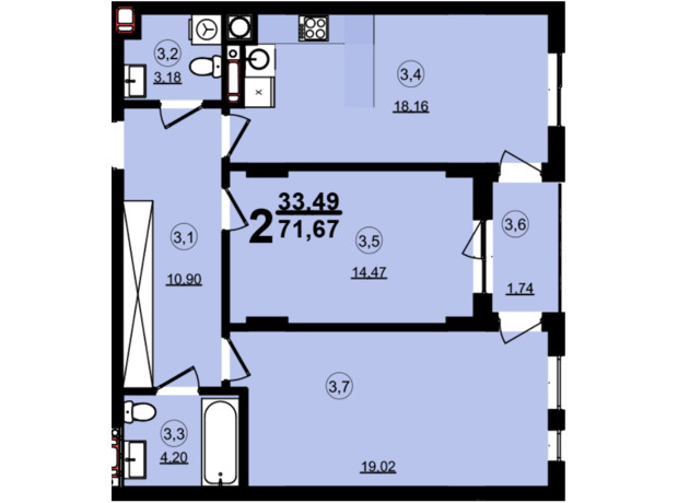 ЖК Globus Central Park: планування 2-кімнатної квартири 71.67 м²