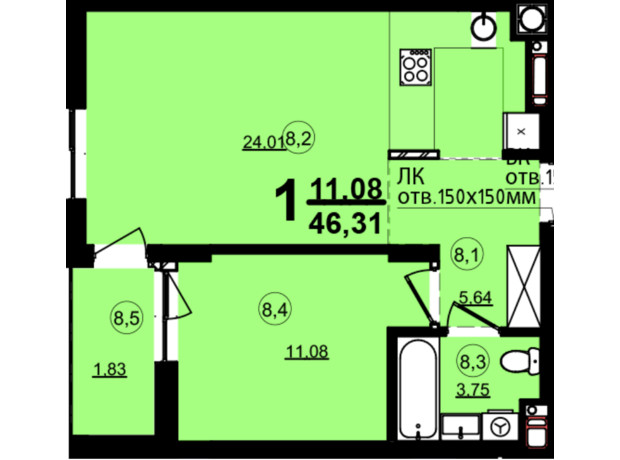 ЖК Globus Central Park: планировка 1-комнатной квартиры 46.31 м²