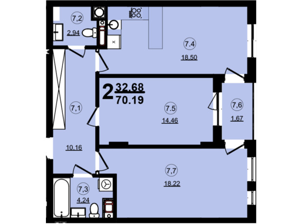 ЖК Globus Central Park: планировка 2-комнатной квартиры 70.19 м²