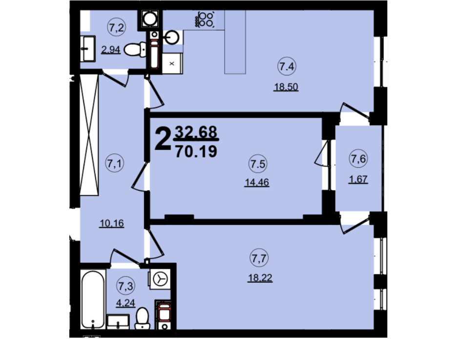 Планировка 2-комнатной квартиры в ЖК Globus Central Park 70.19 м², фото 209732 Планировка 2-комнатной квартиры в ЖК Globus Central Park 70.19 м², фото 209732