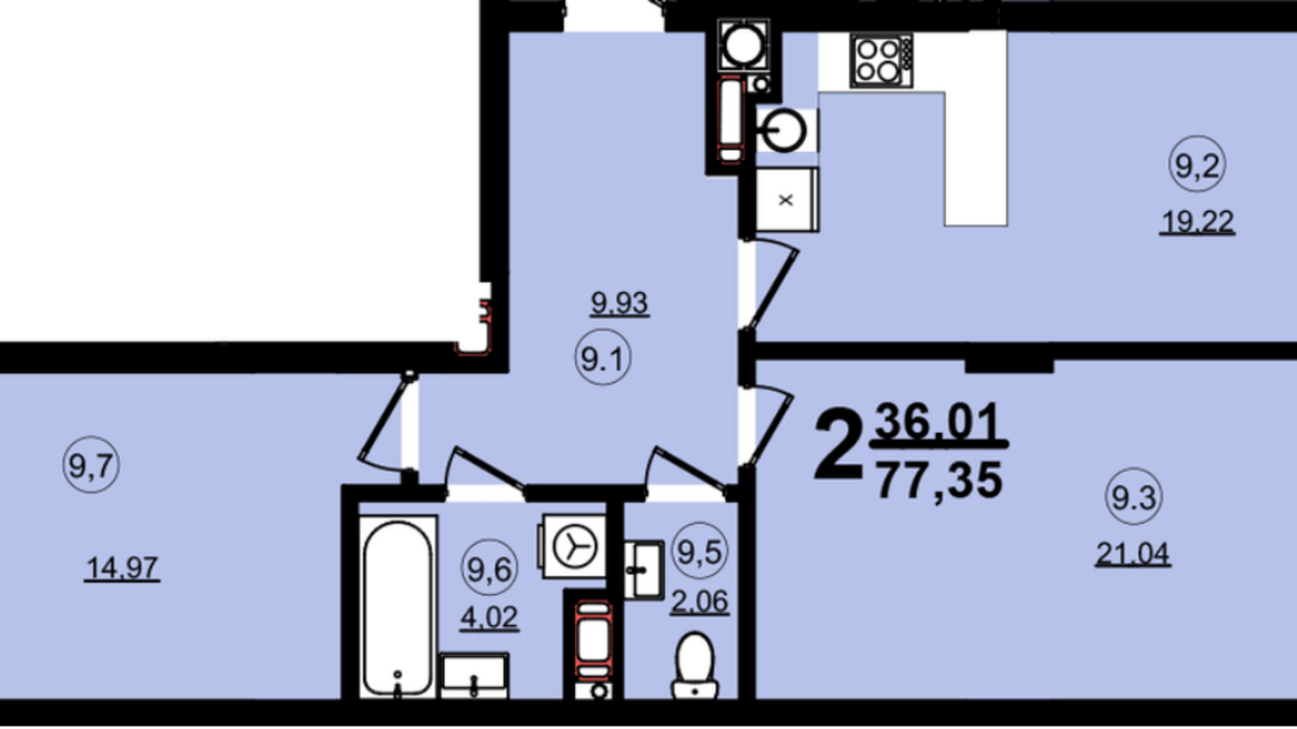 Планировка 2-комнатной квартиры в ЖК Globus Central Park 77.35 м², фото 209733