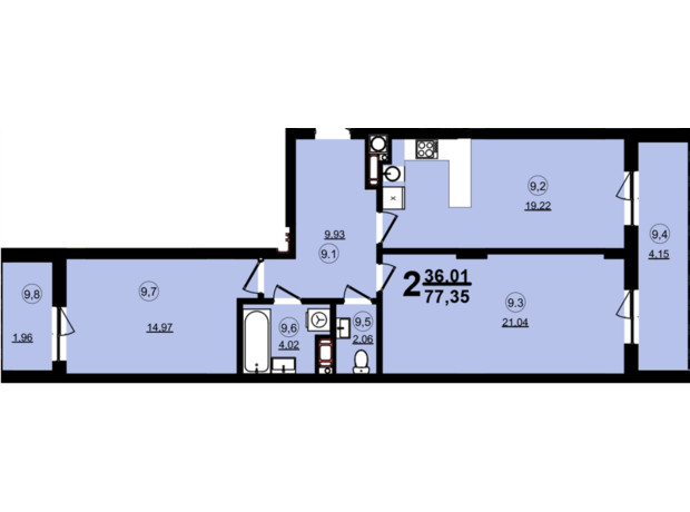 ЖК Globus Central Park: планировка 2-комнатной квартиры 77.35 м²