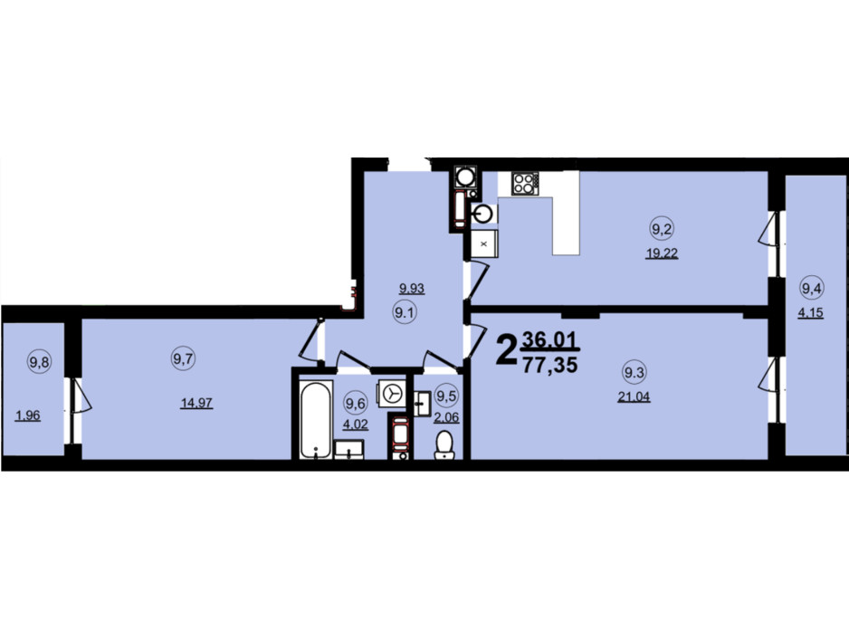 Планировка 2-комнатной квартиры в ЖК Globus Central Park 77.35 м², фото 209733 Планировка 2-комнатной квартиры в ЖК Globus Central Park 77.35 м², фото 209733