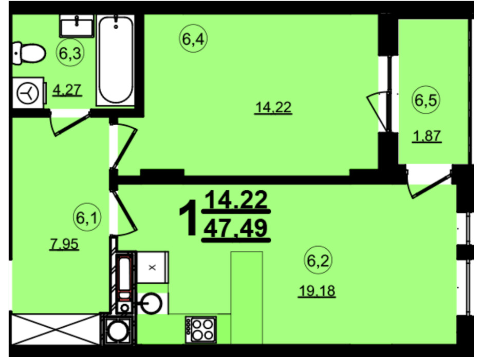 Планировка 1-комнатной квартиры в ЖК Globus Central Park 47.49 м², фото 209735 Планировка 1-комнатной квартиры в ЖК Globus Central Park 47.49 м², фото 209735