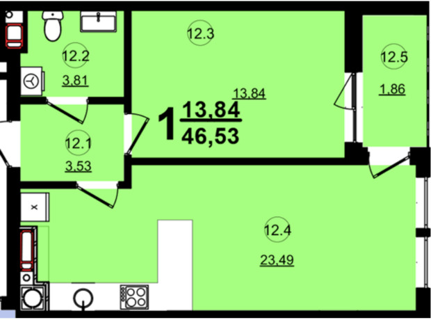 ЖК Globus Central Park: планировка 1-комнатной квартиры 46.53 м²