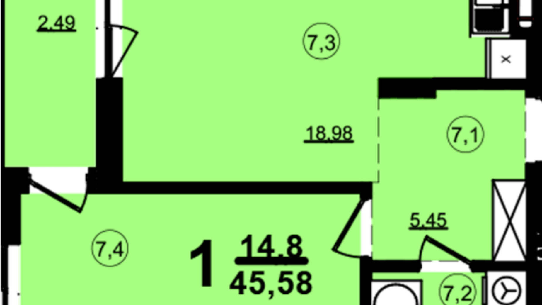 Планування 1-кімнатної квартири в ЖК Globus Central Park 45.58 м², фото 209742