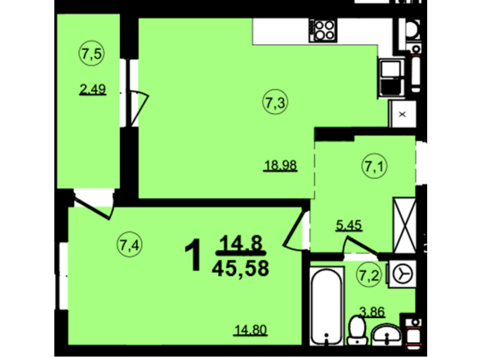 Планировка 1-комнатной квартиры в ЖК Globus Central Park 45.58 м², фото 209742 Планировка 1-комнатной квартиры в ЖК Globus Central Park 45.58 м², фото 209742