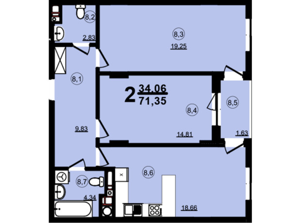 ЖК Globus Central Park: планування 2-кімнатної квартири 71.35 м²